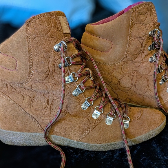 Coach Tan Embossed Lace-Up Boots - Picture 1 of 5